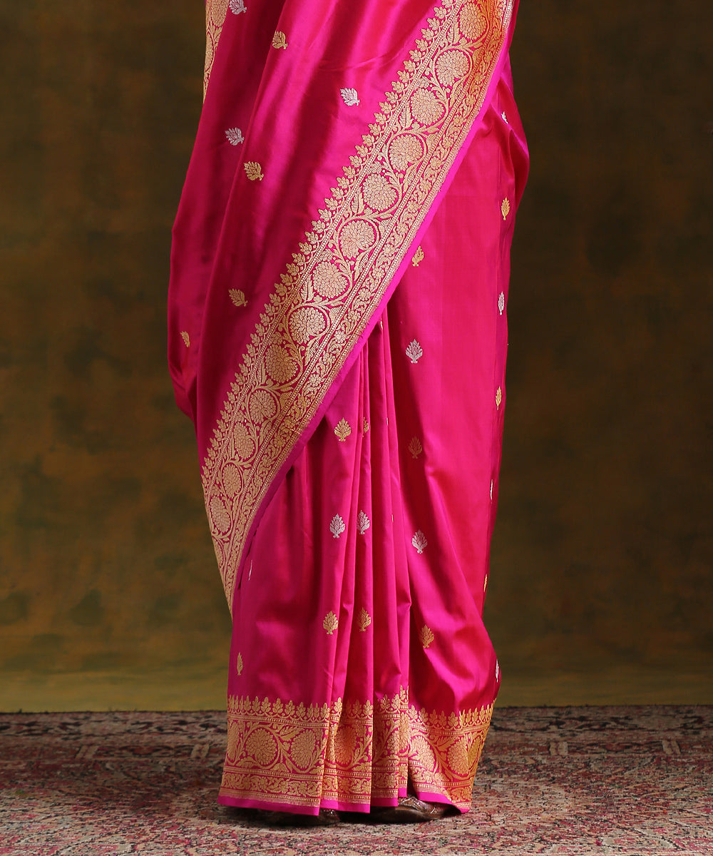 Hot_Pink_Handloom_Pure_Katan_Silk_Banarasi_Saree_With_Floral_Border_and_Kadhwa_Booti_WeaverStory_04