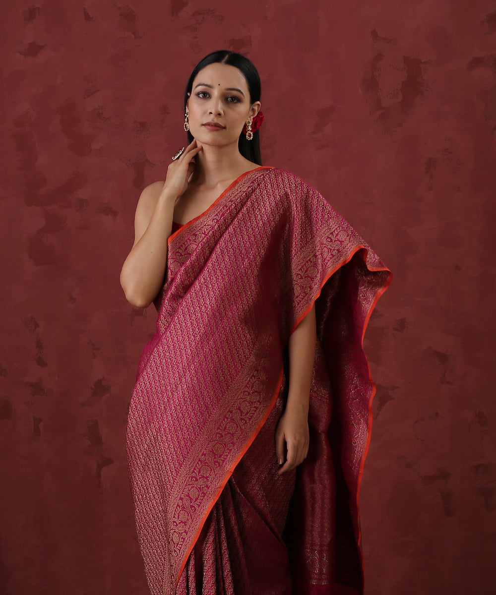 Handloom_Magenta_Pure_Katan_Silk_Kimkhab_Banarasi_Saree_With_Antique_Zari_and_Orange_Selvedge_WeaverStory_01