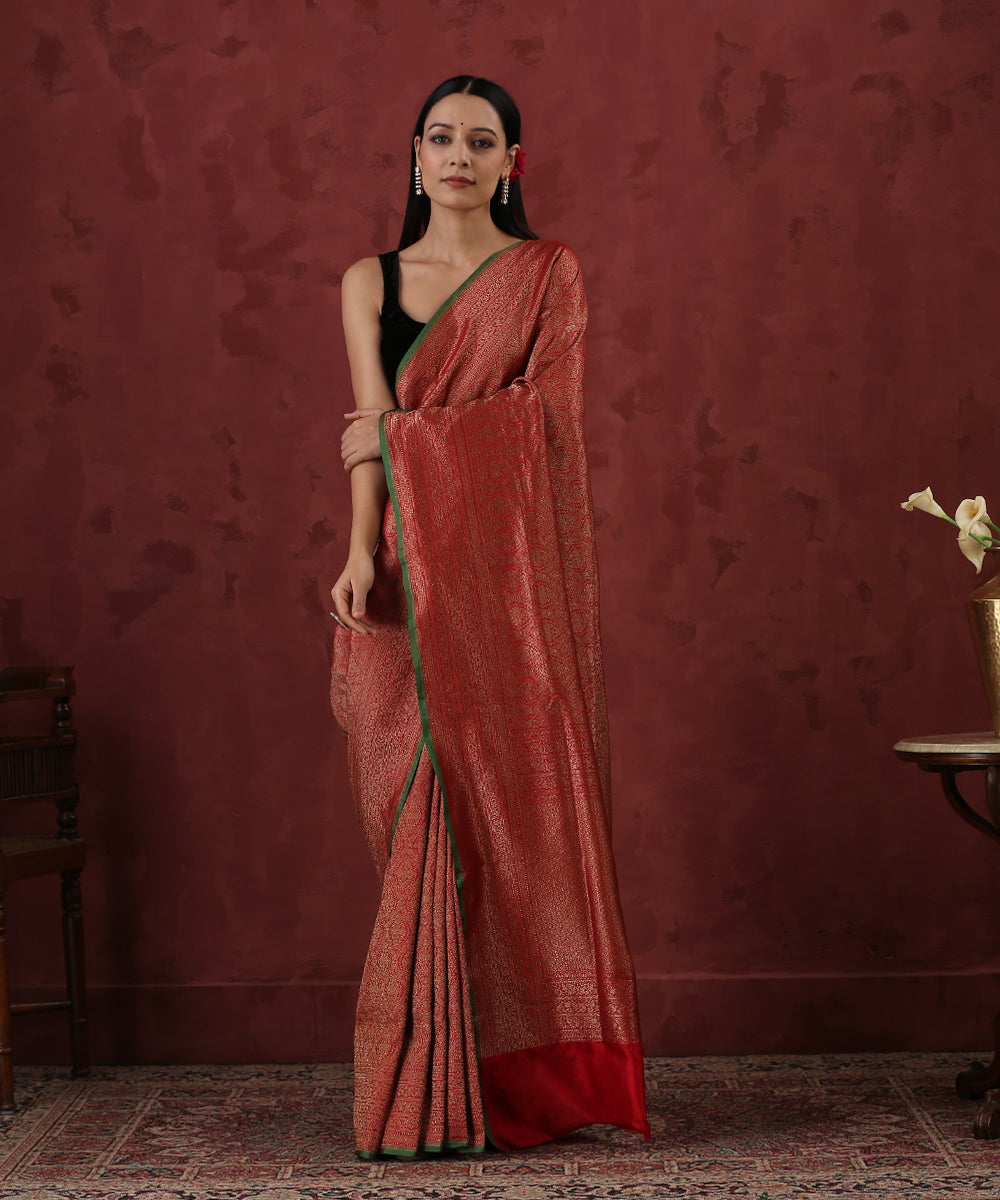 Red_Handloom_Pure_Katan_Silk_and_Antique_Zari_Banarasi_Saree_With_Kimkhab_Weave_WeaverStory_02