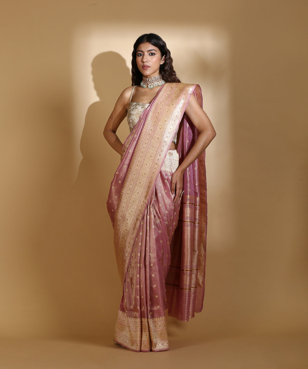 Handloom_Pink_Silk_Tissue_Banarasi_Saree_With_Mustard_Meenakari_and_Booti_WeaverStory_02