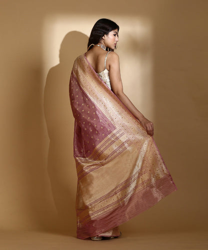 Handloom_Pink_Silk_Tissue_Banarasi_Saree_With_Mustard_Meenakari_and_Booti_WeaverStory_03