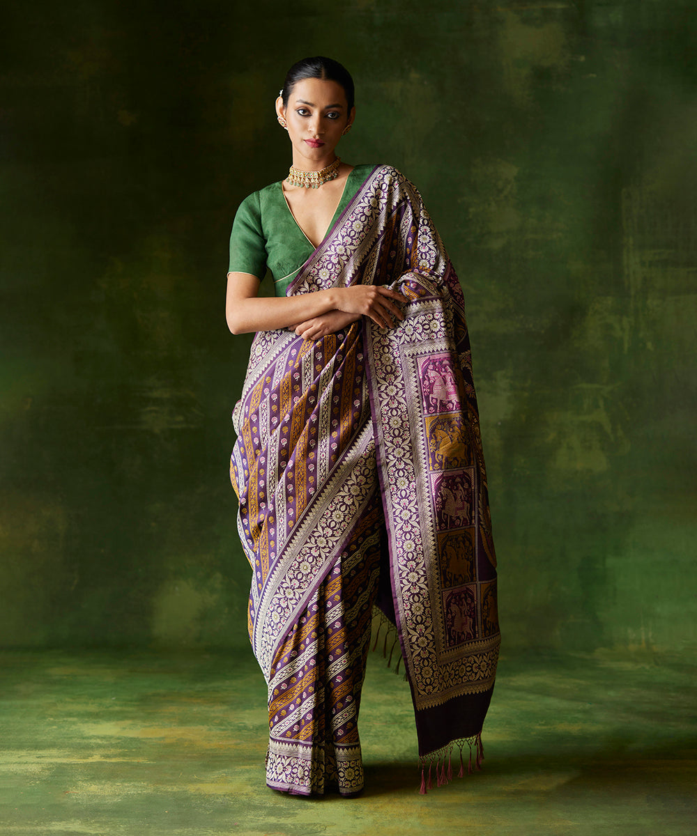 Canary-Yellow Art Silk Saree with Zari Woven Peacock Motif on Contrast  Purple Pallu and Border from Tamilnadu | Exotic India Art