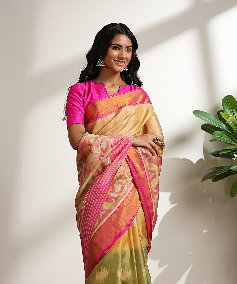 Beige_Handloom_Pure_Mulberry_Silk_Patola_Saree_With_Pink_Border_WeaverStory_01
