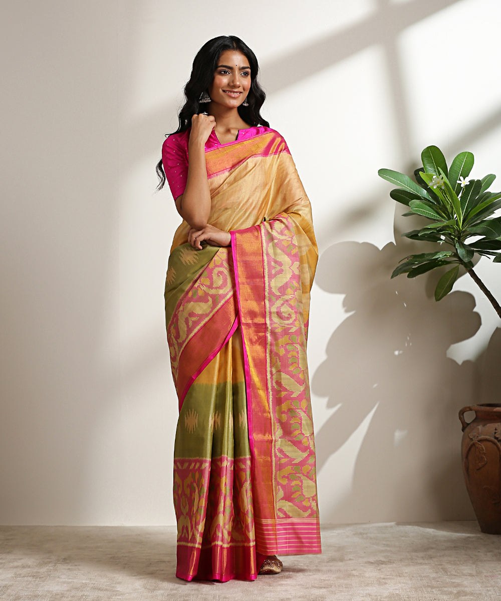 Beige_Handloom_Pure_Mulberry_Silk_Patola_Saree_With_Pink_Border_WeaverStory_02