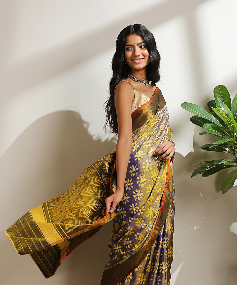 Handloom Blue And Gold Pure Raw Silk Patola Saree With Beige And Henna ...