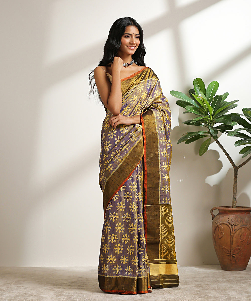 Handloom_Blue_Pure_Raw_Silk_Patola_Saree_With_Beige_And_Henna_Green_Border_WeaverStory_02