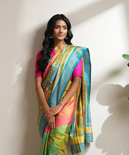 Handloom_Green_And_Blue_Shaded_Pure_Mulberry_Silk_Patola_Saree_With_Blue_Palla_WeaverStory_01