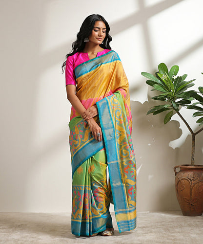 Handloom_Green_And_Blue_Shaded_Pure_Mulberry_Silk_Patola_Saree_With_Blue_Palla_WeaverStory_02