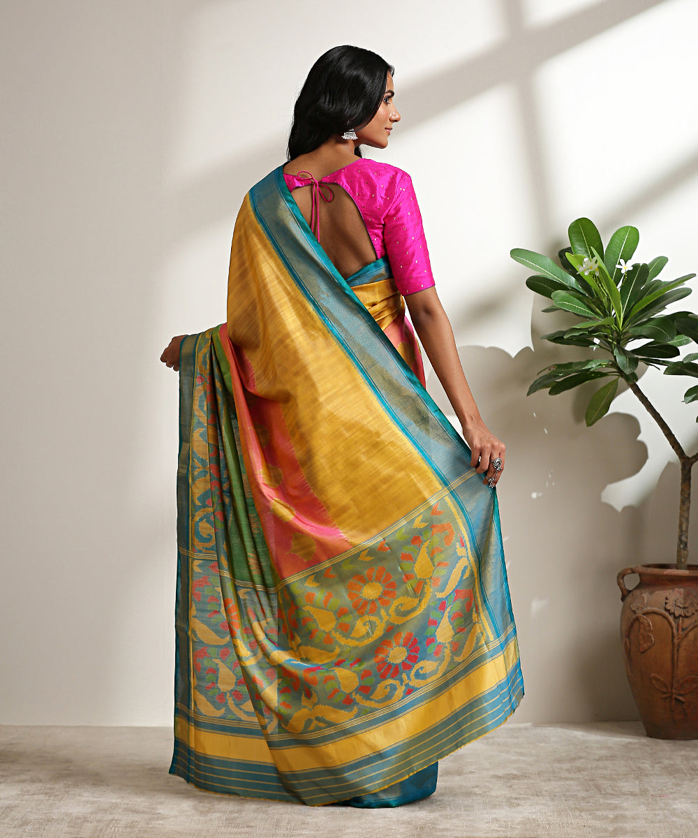 Handloom_Green_And_Blue_Shaded_Pure_Mulberry_Silk_Patola_Saree_With_Blue_Palla_WeaverStory_03
