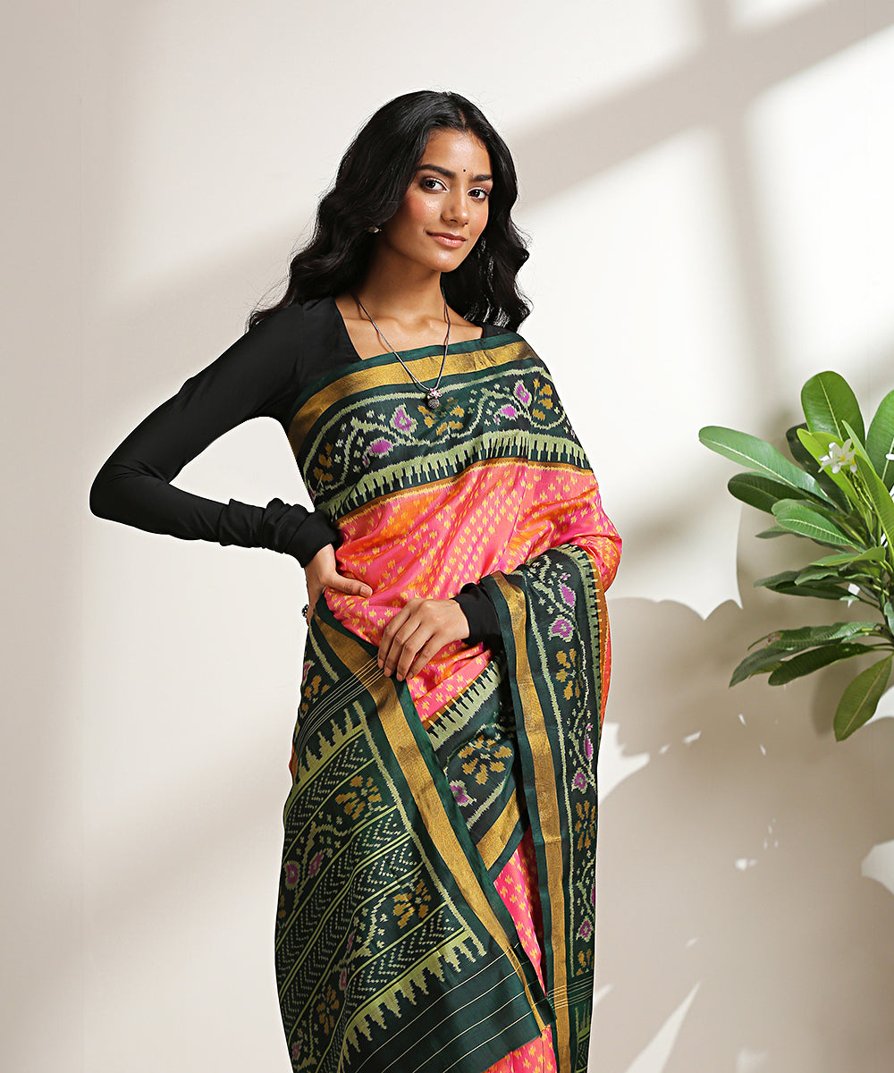 Rose_Pink_Handloom_Mulberry_Silk_Patola_Saree_With_Dark_Green_Border_WeaverStory_01