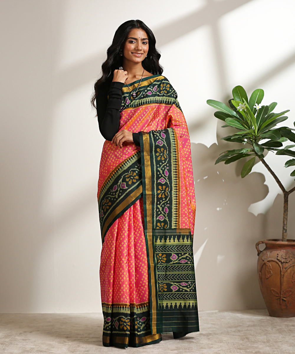 Rose_Pink_Handloom_Mulberry_Silk_Patola_Saree_With_Dark_Green_Border_WeaverStory_02