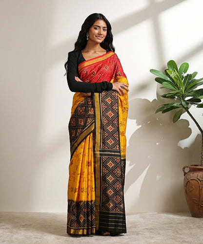 Handloom_Mustard_Pure_Mulberry_Silk_Patola_Saree_With_Black_And_Red_Border_WeaverStory_02