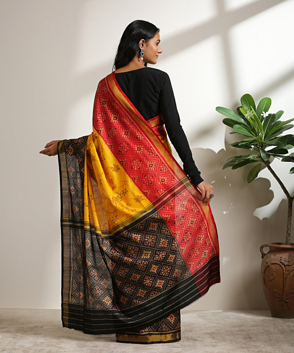 Handloom_Mustard_Pure_Mulberry_Silk_Patola_Saree_With_Black_And_Red_Border_WeaverStory_03