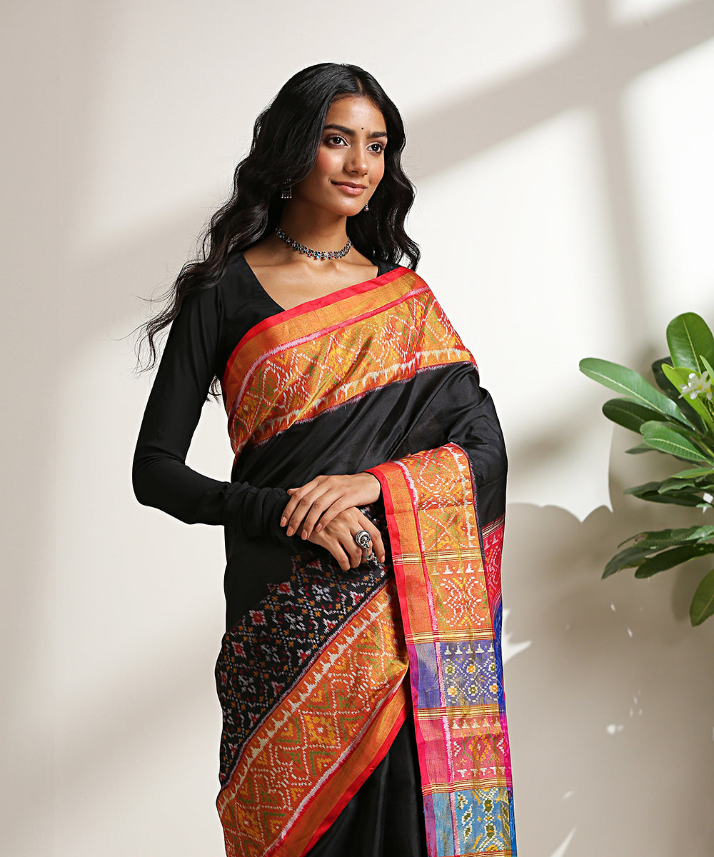 Black_Handloom_Pure_Mulberry_Silk_Patola_Saree_With_Multicolor_Border_And_Pallu_WeaverStory_01