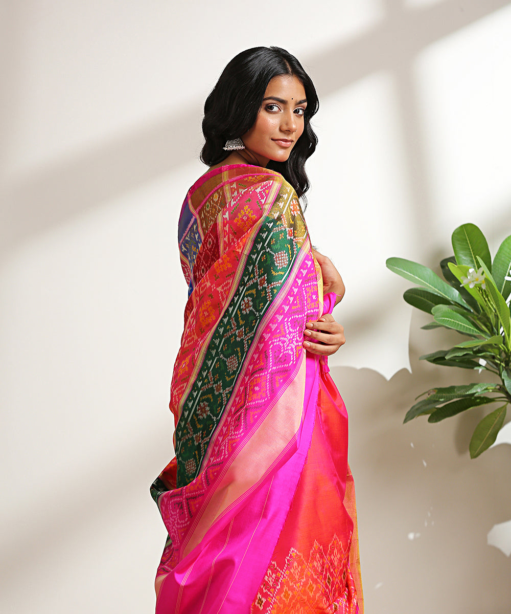 Handloom_Pink_Pure_Mulberry_Silk_Patola_Saree_With_Multicolor_Border_WeaverStory_01