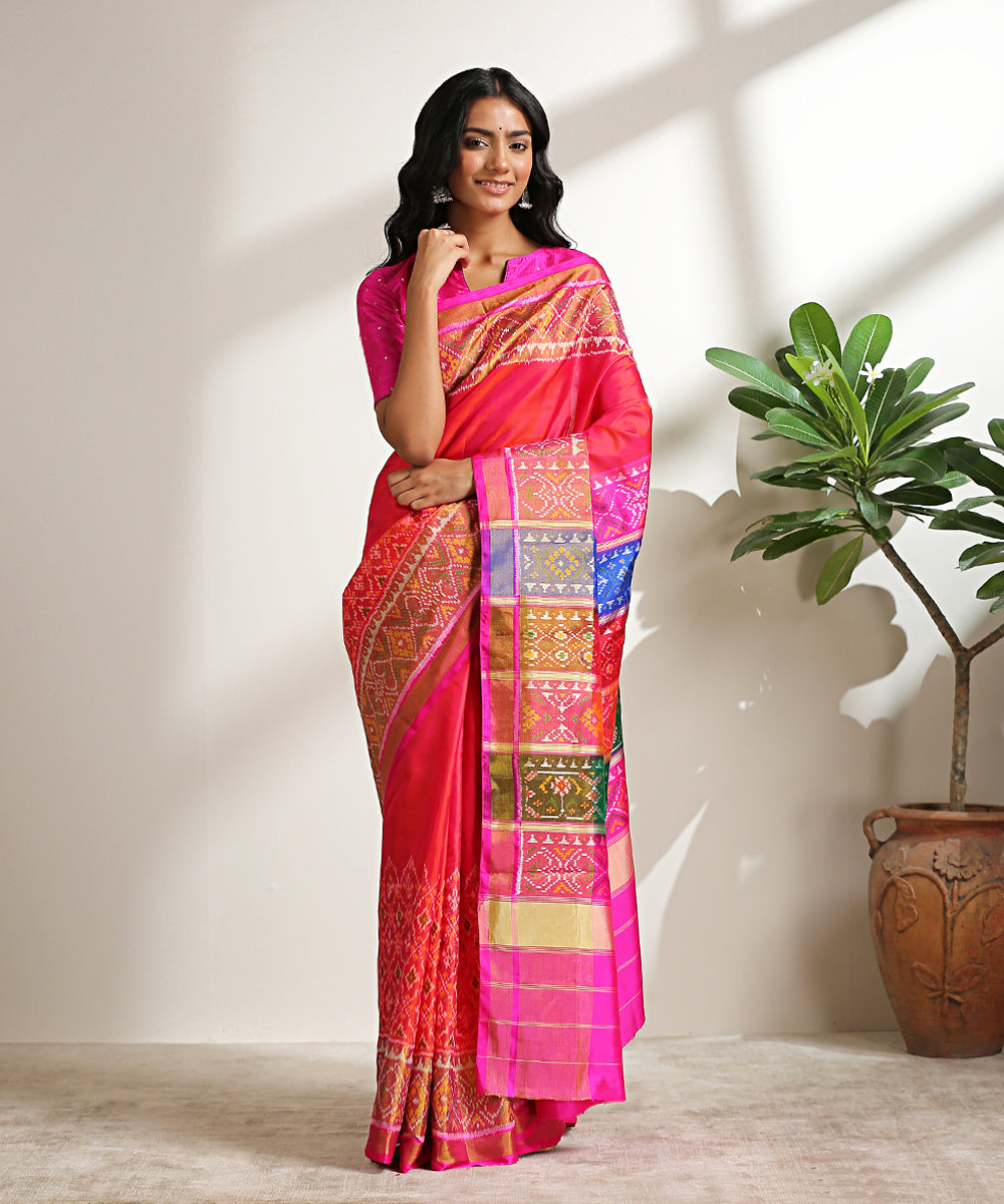 Handloom_Pink_Pure_Mulberry_Silk_Patola_Saree_With_Multicolor_Border_WeaverStory_02
