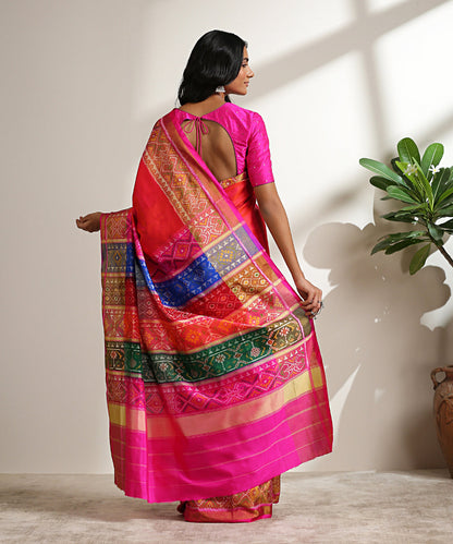 Handloom_Pink_Pure_Mulberry_Silk_Patola_Saree_With_Multicolor_Border_WeaverStory_03