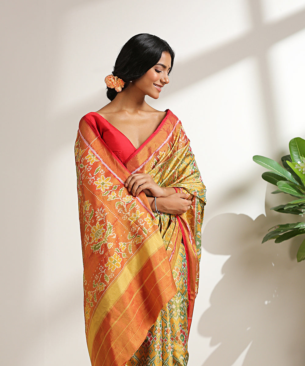 Handloom_Green_Pure_Mulberry_Silk_And_Tissue_Patola_Saree_With_Red_Pallu_WeaverStory_01