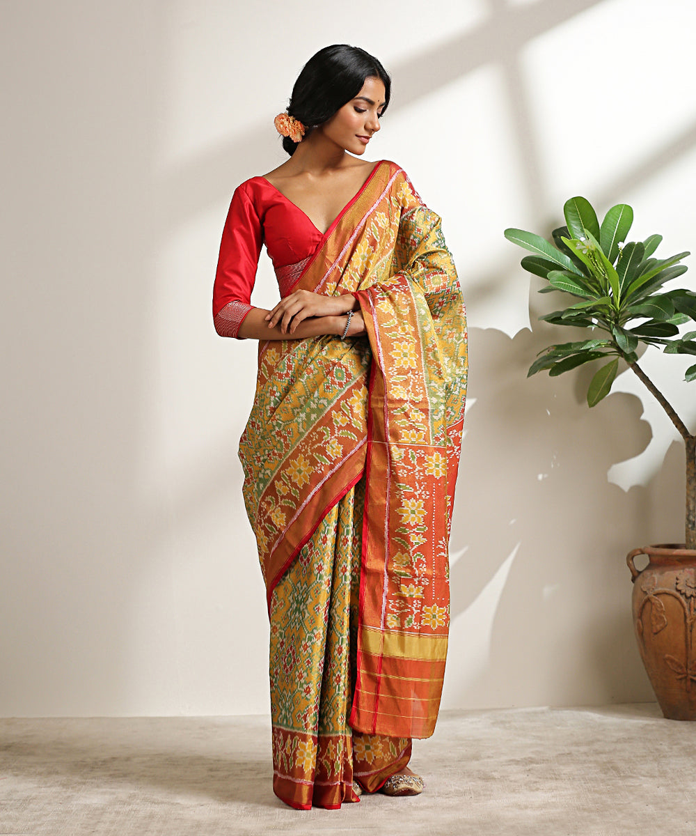 Handloom_Green_Pure_Mulberry_Silk_And_Tissue_Patola_Saree_With_Red_Pallu_WeaverStory_02