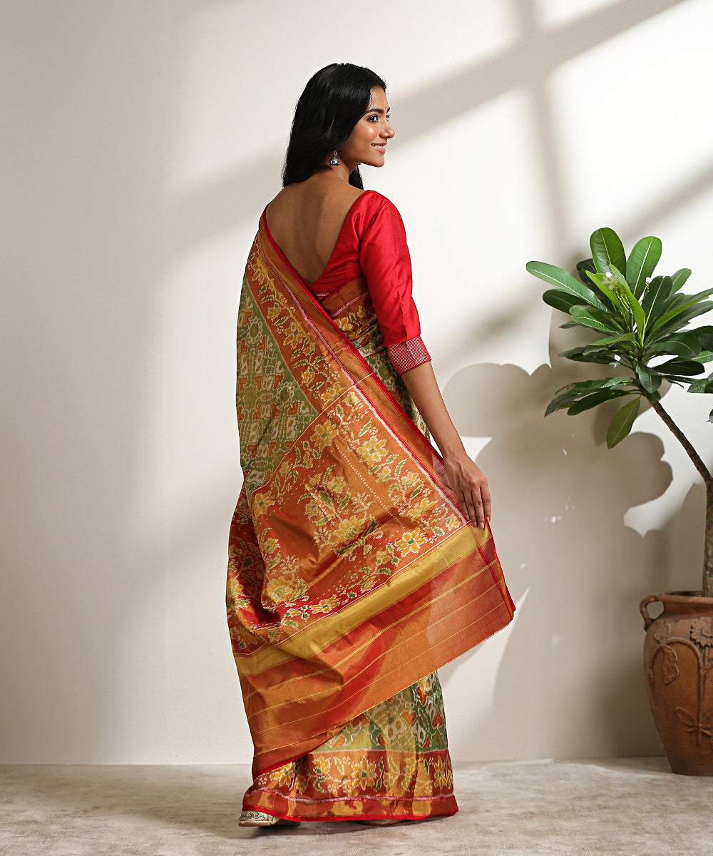 Green_Handloom_Pure_Silk_Tissue_Patola_Saree_With_Rust_And_Gold_Border_And_Pallu_WeaverStory_03
