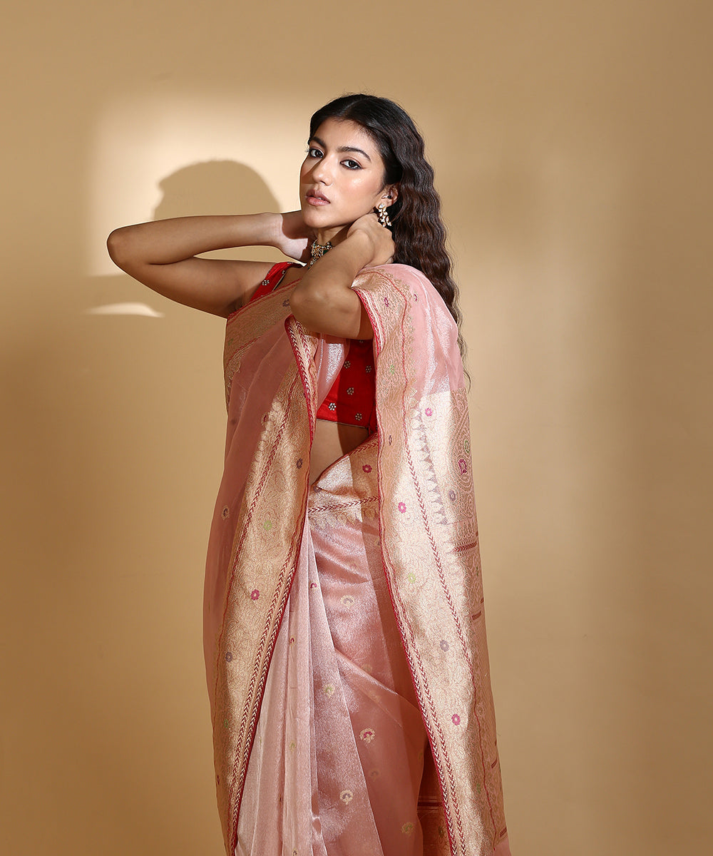 Handloom_Light_Pink_Silk_Tissue_Banarasi_Saree_With_Kadhwa_Booti_And_Red_Blouse_WeaverStory_01