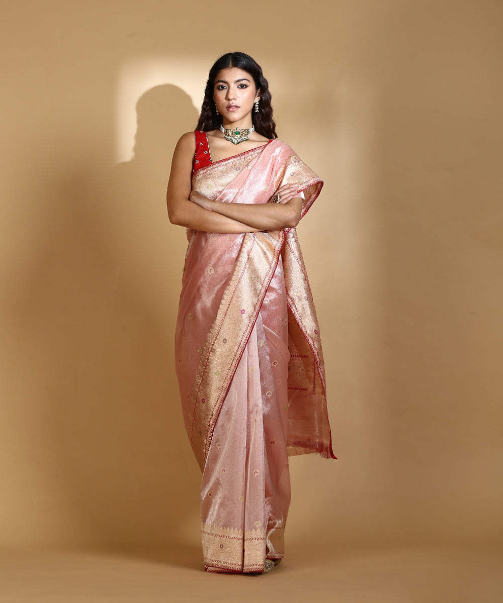 Brown Golden Maheshwari Silk Tissue Saree With Contrast Red Border With  Heavy Aanchal