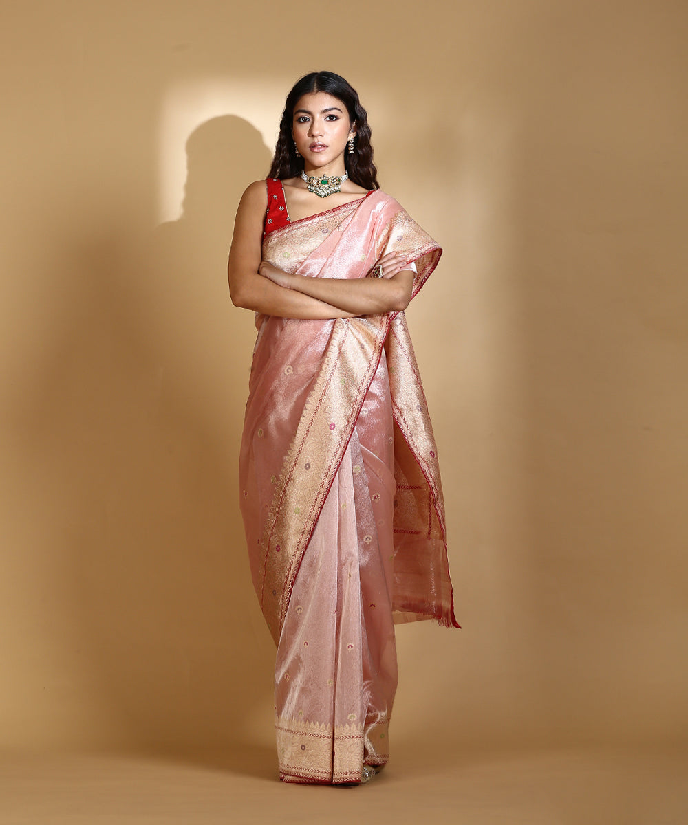 Handloom_Light_Pink_Silk_Tissue_Banarasi_Saree_With_Kadhwa_Booti_And_Red_Blouse_WeaverStory_02