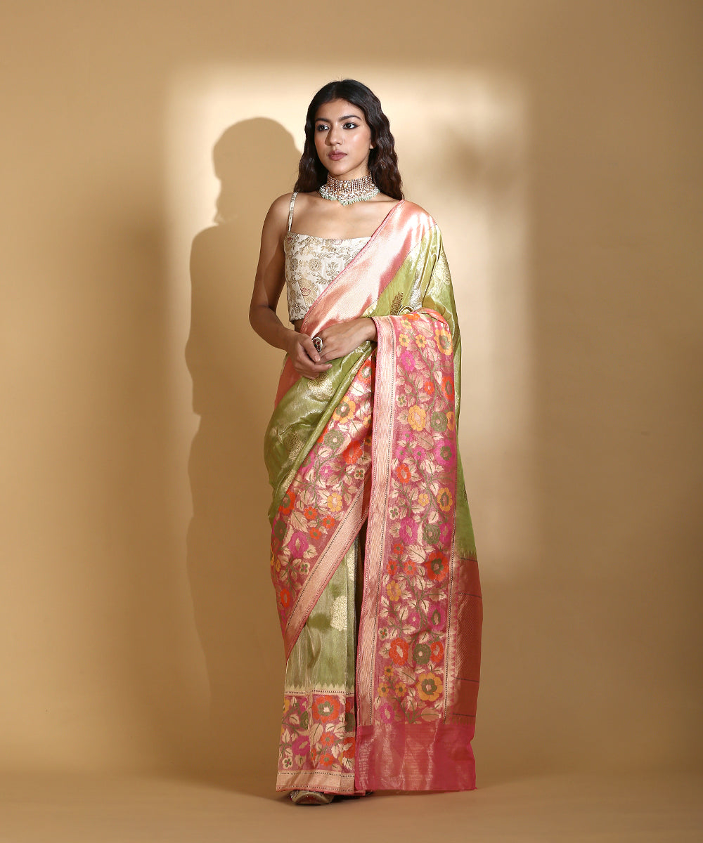 Handloom_Green_Silk_Tissue_Banarasi_Saree_With_Peach_Pink_Pallu_And_Border_WeaverStory_02