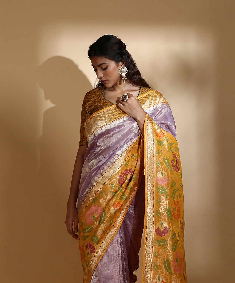 Mustard_And_Purple_Handloom_Silk_Tissue_Saree_With_Floral_Meenakari_Border_WeaverStory_01