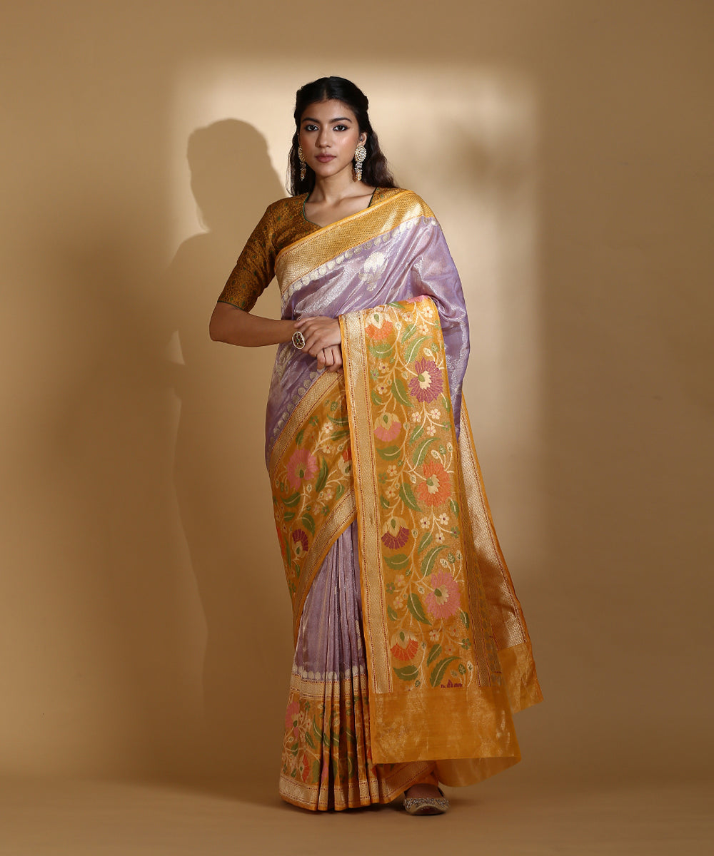 Mustard_And_Purple_Handloom_Silk_Tissue_Saree_With_Floral_Meenakari_Border_WeaverStory_02