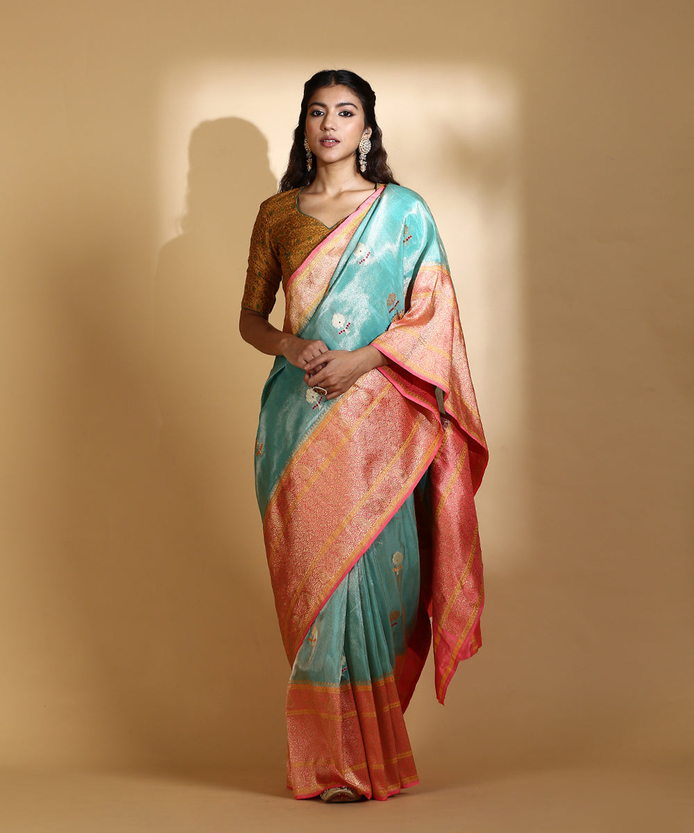 Handloom_Aqua_Silk_Tissue_Banarasi_Saree_With_Candy_Pink_Kadhwa_Meenakari_Border_And_Pallu_WeaverStory_02