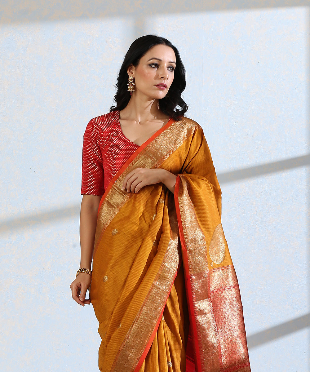 Mustard_Handloom_Striped_Dupion_Silk_Banarasi_Saree_With_Konia_Motifs_In_Antique_Zari_WeaverStory_01