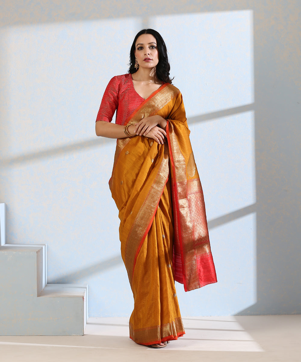 Mustard_Handloom_Striped_Dupion_Silk_Banarasi_Saree_With_Konia_Motifs_In_Antique_Zari_WeaverStory_02