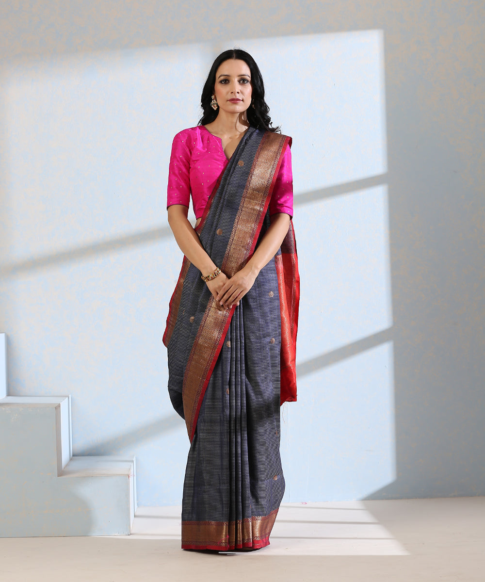 Peacock_Blue_Handloom_Striped_Dupion_Silk_Banarasi_Saree_With_Konia_Motifs_In_Antique_Zari_WeaverStory_02