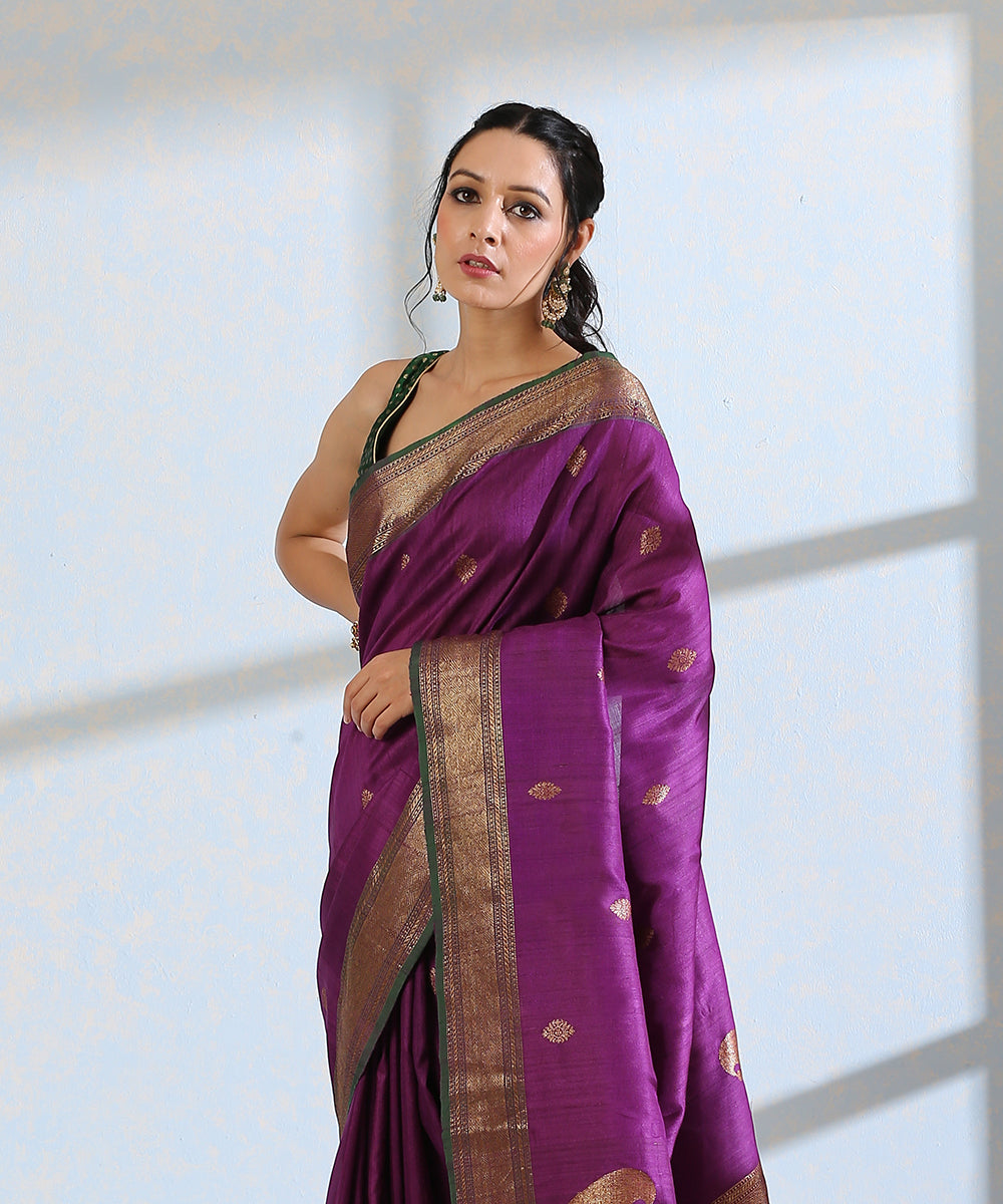 Purple_Handloom_Dupion_Silk_Banarasi_Saree_With_Green_Border_And_Antique_Zari_WeaverStory_01