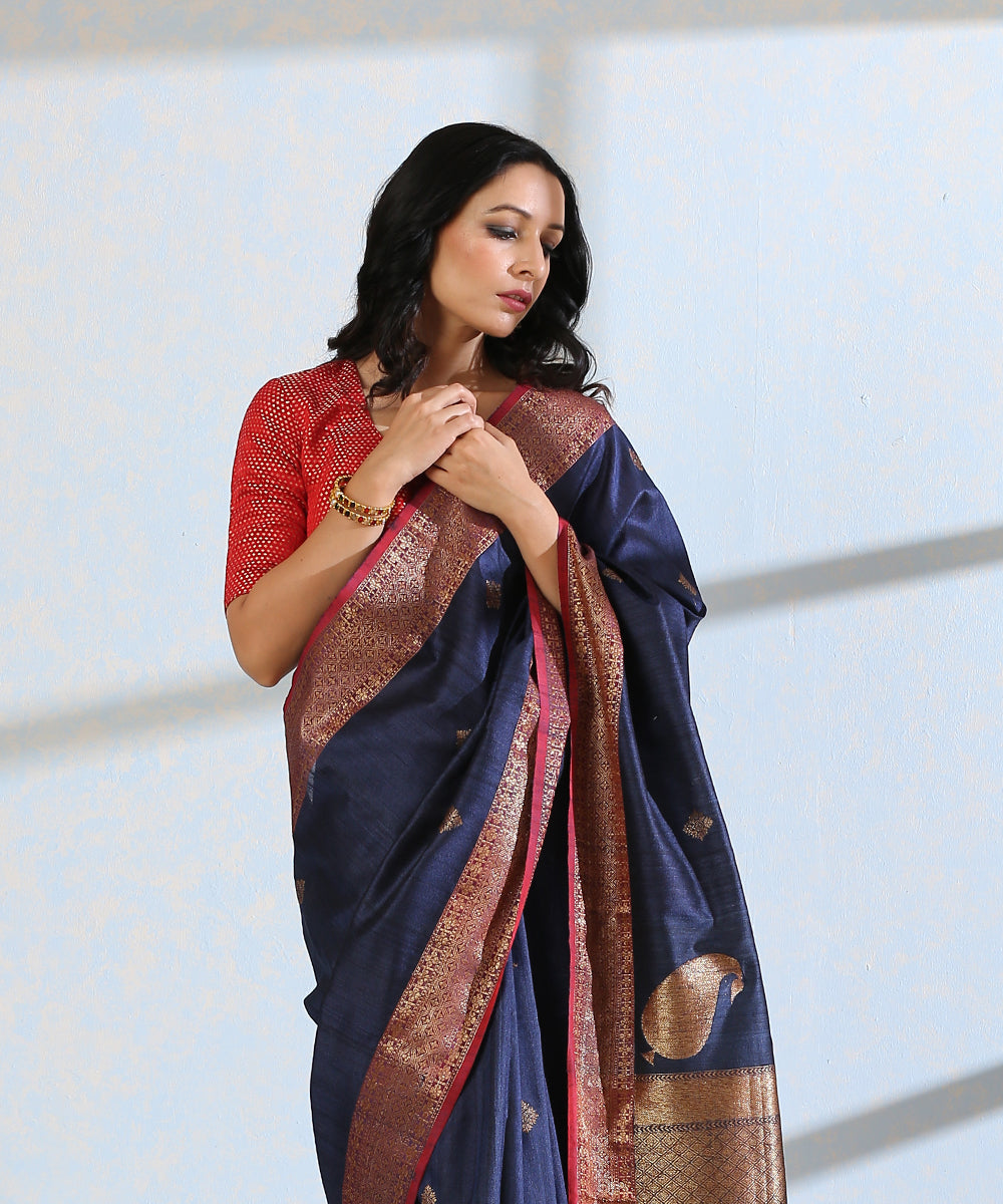 Blue_Handloom_Dupion_Silk_Banarasi_Saree_With_Red_Border_And_Antique_Zari_WeaverStory_01