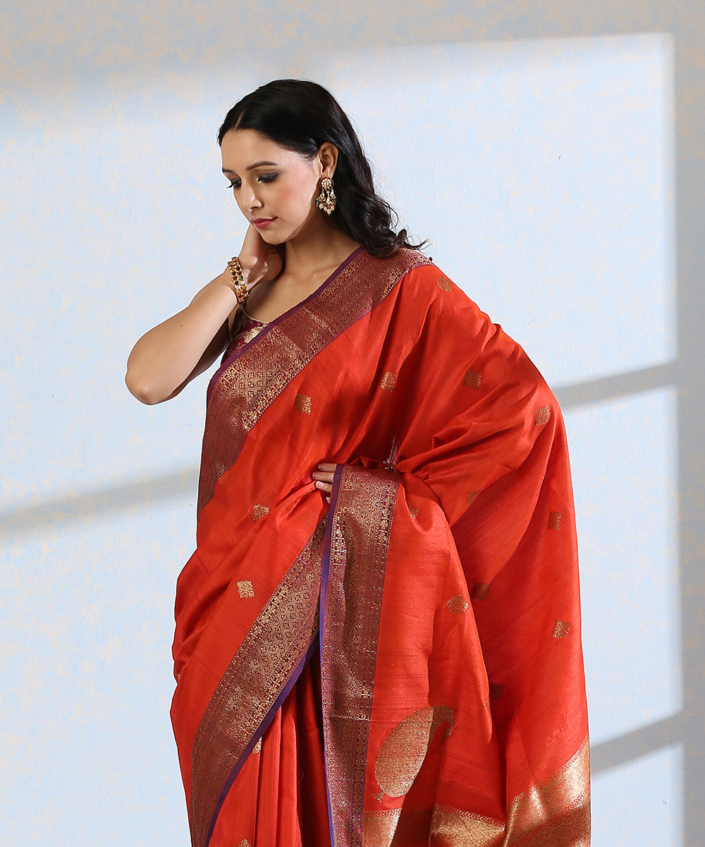 Handloom_Orange_Dupion_Silk_Banarasi_Saree_With_Purple_Border_And_Antique_Zari_WeaverStory_01