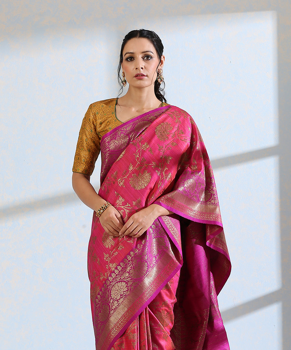 Handloom_Pink_Dupion_Silk_Banarasi_Saree_With_Purple_Border_And_All_Over_Antique_Zari_Jaal_WeaverStory_01