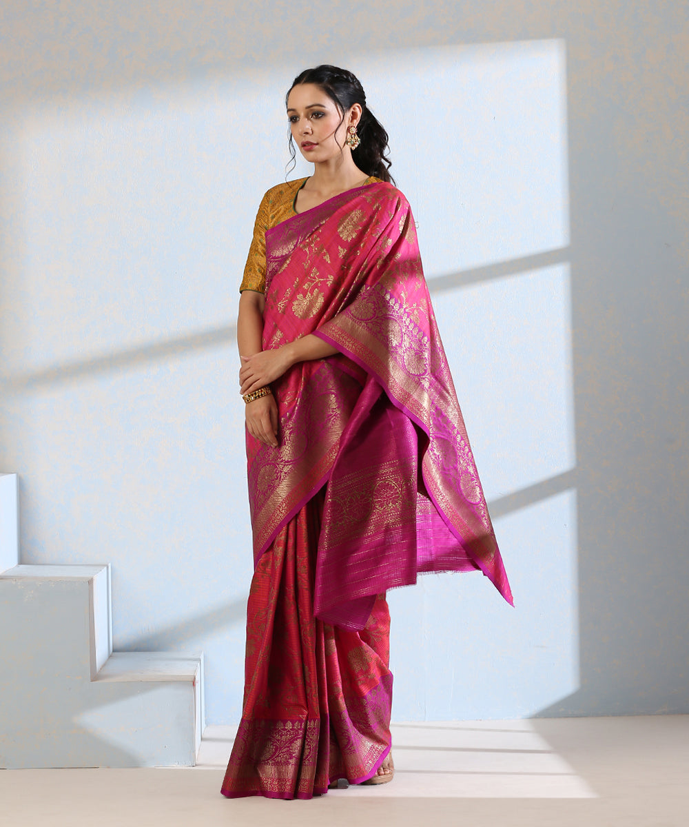 Handloom_Pink_Dupion_Silk_Banarasi_Saree_With_Purple_Border_And_All_Over_Antique_Zari_Jaal_WeaverStory_02