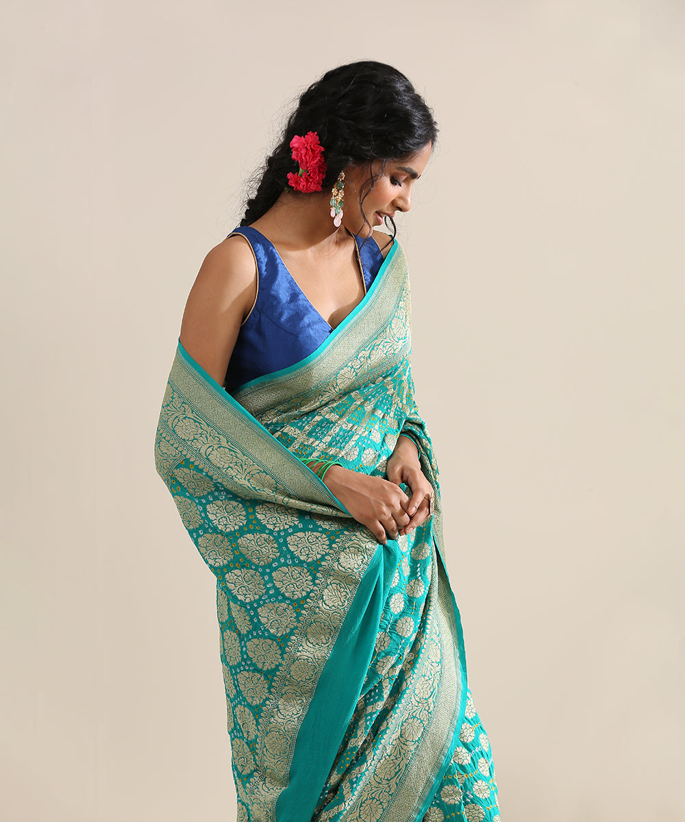 Teal_Handloom_Georgette_Banarasi_Bandhej_Saree_With_Cutwork_Weave_WeaverStory_01