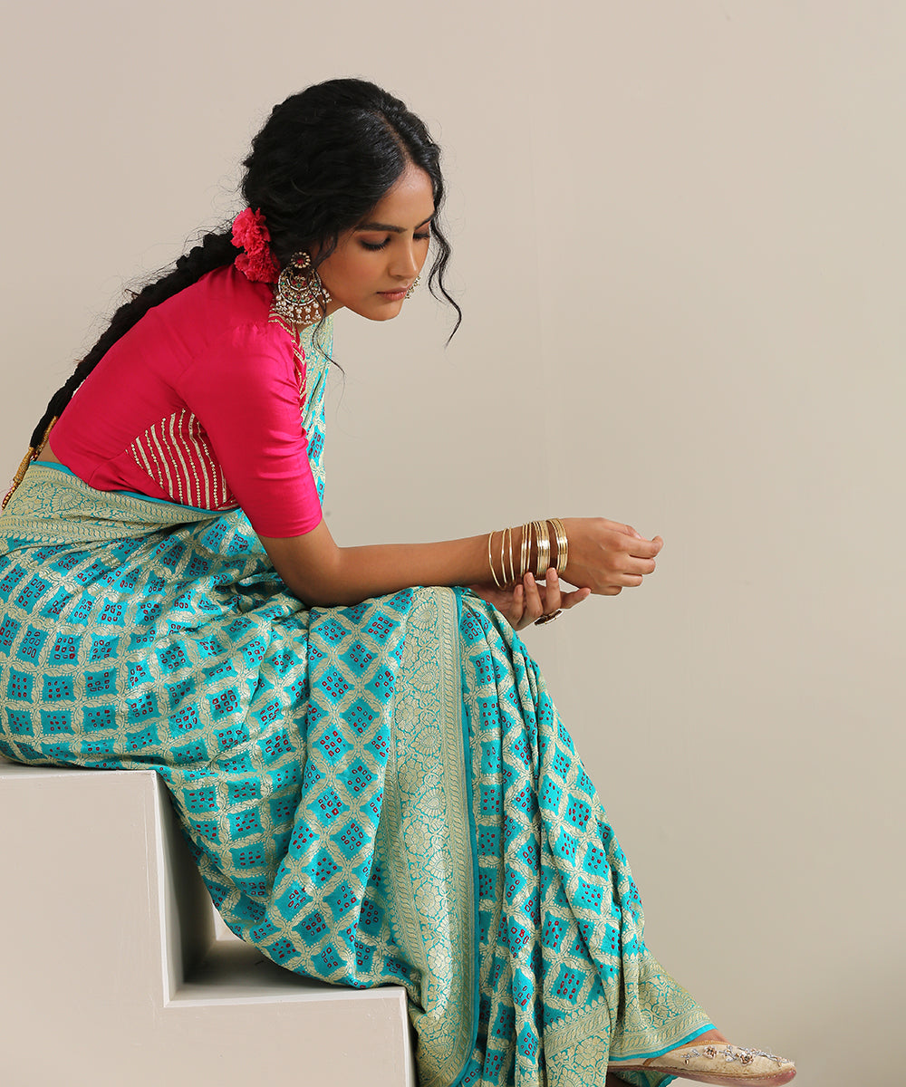 Aqua_Handloom_Georgette_Banarasi_Bandhej_Saree_With_Zari_Jaal_WeaverStory_01
