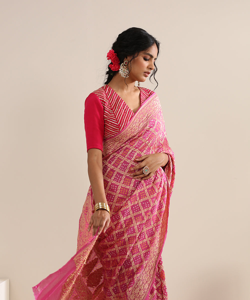 Pink_Handloom_Georgette_Banarasi_Bandhej_Saree_With_Floral_Jaal_WeaverStory_01