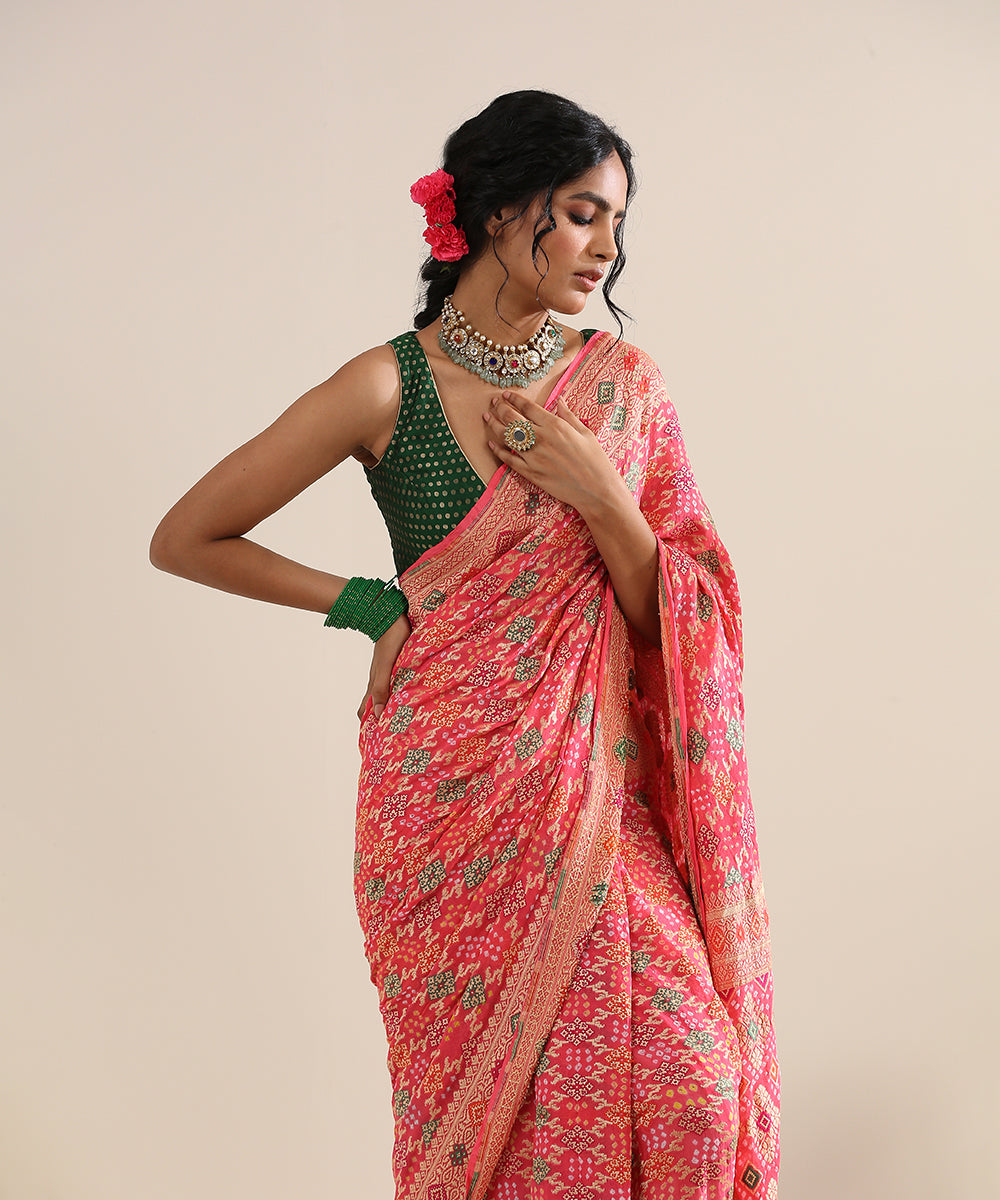 Handloom_Fluorescent_Pink_Patola_Georgette_Banarasi_Bandhej_Saree_With_Meenakari_WeaverStory_01