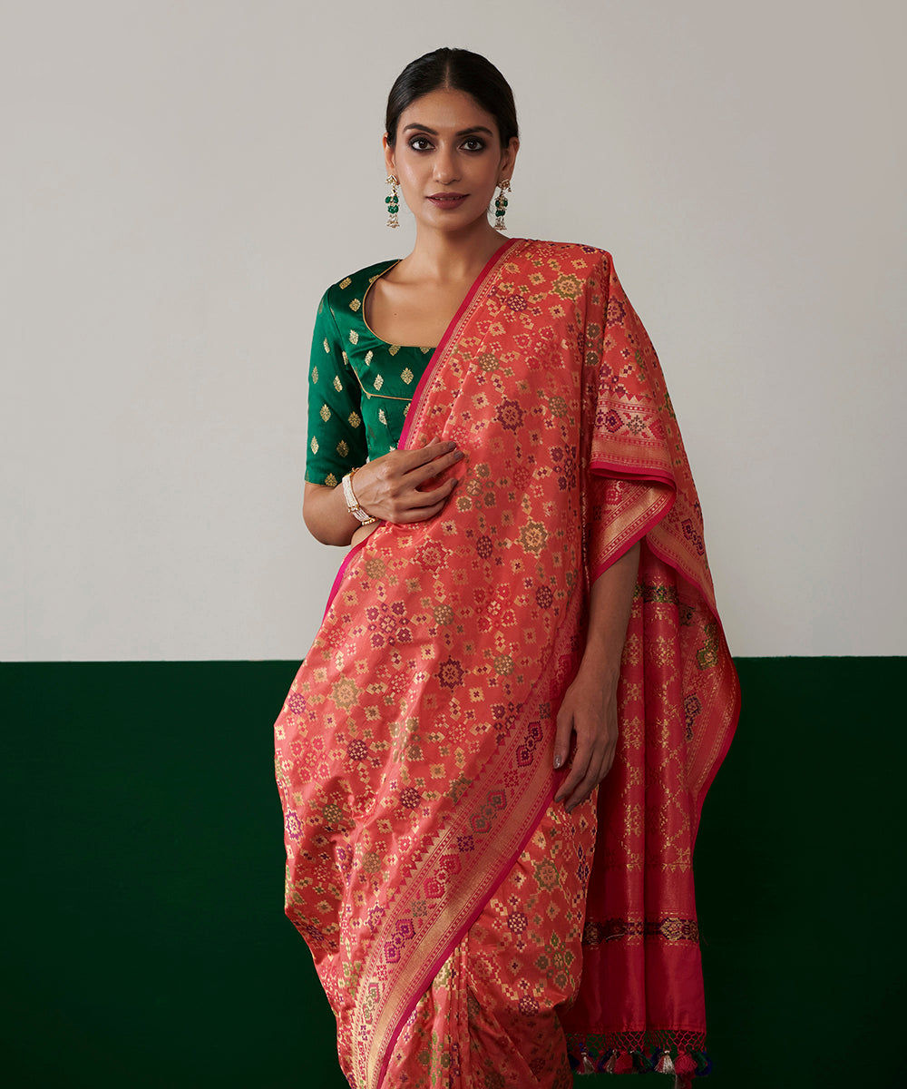 Peach Handloom Pure Katan Silk Banarasi Patola Saree With Pink Border