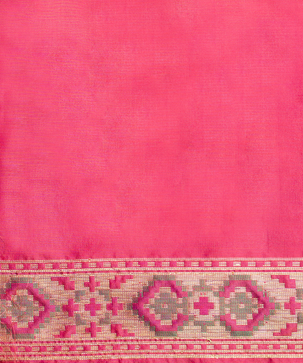 Peach Handloom Pure Katan Silk Banarasi Patola Saree With Pink Border