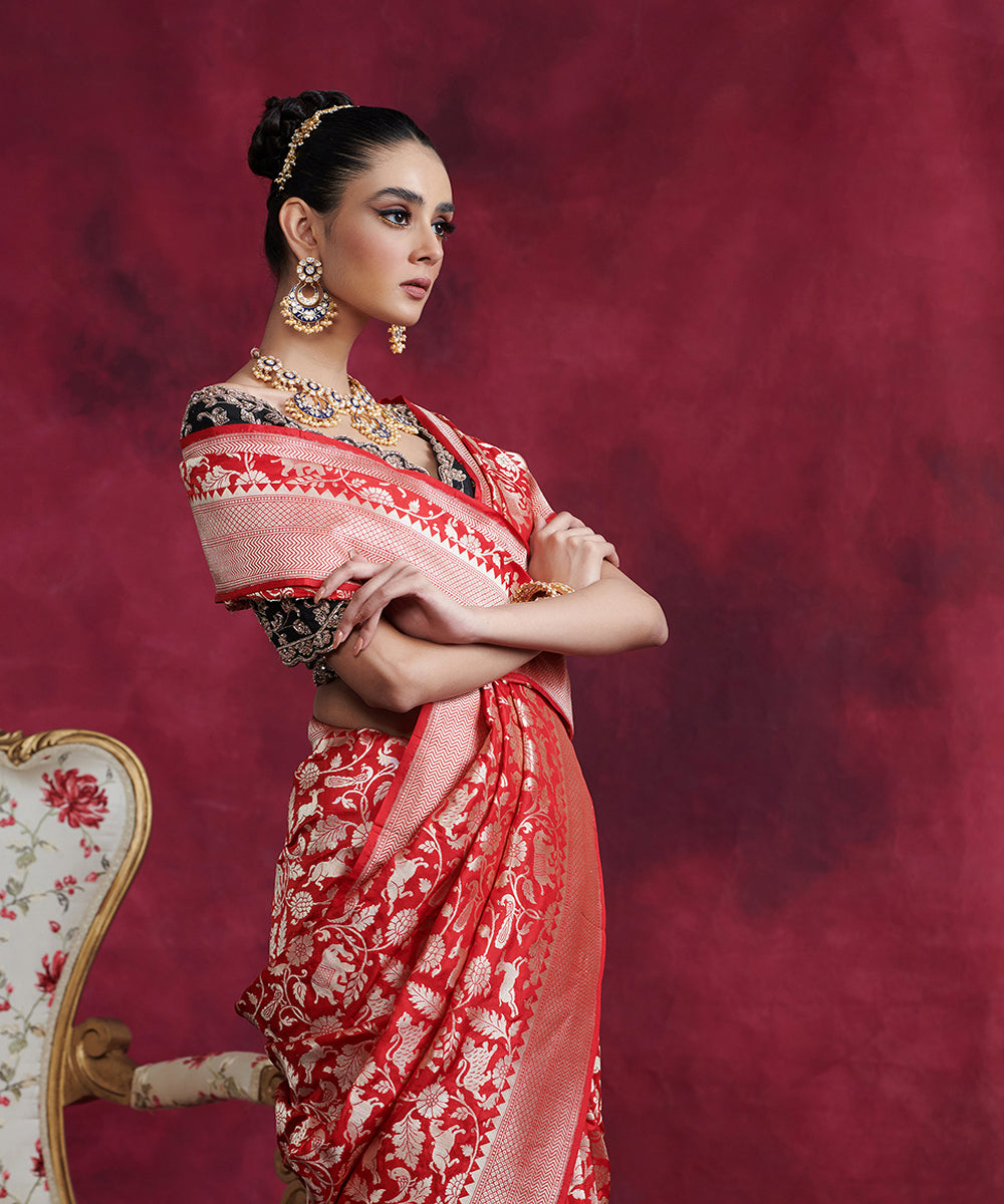 Red_Handloom_Pure_Katan_Silk_Banarasi_Shikargah_Saree_With_Cutwork_Weave_WeaverStory_01