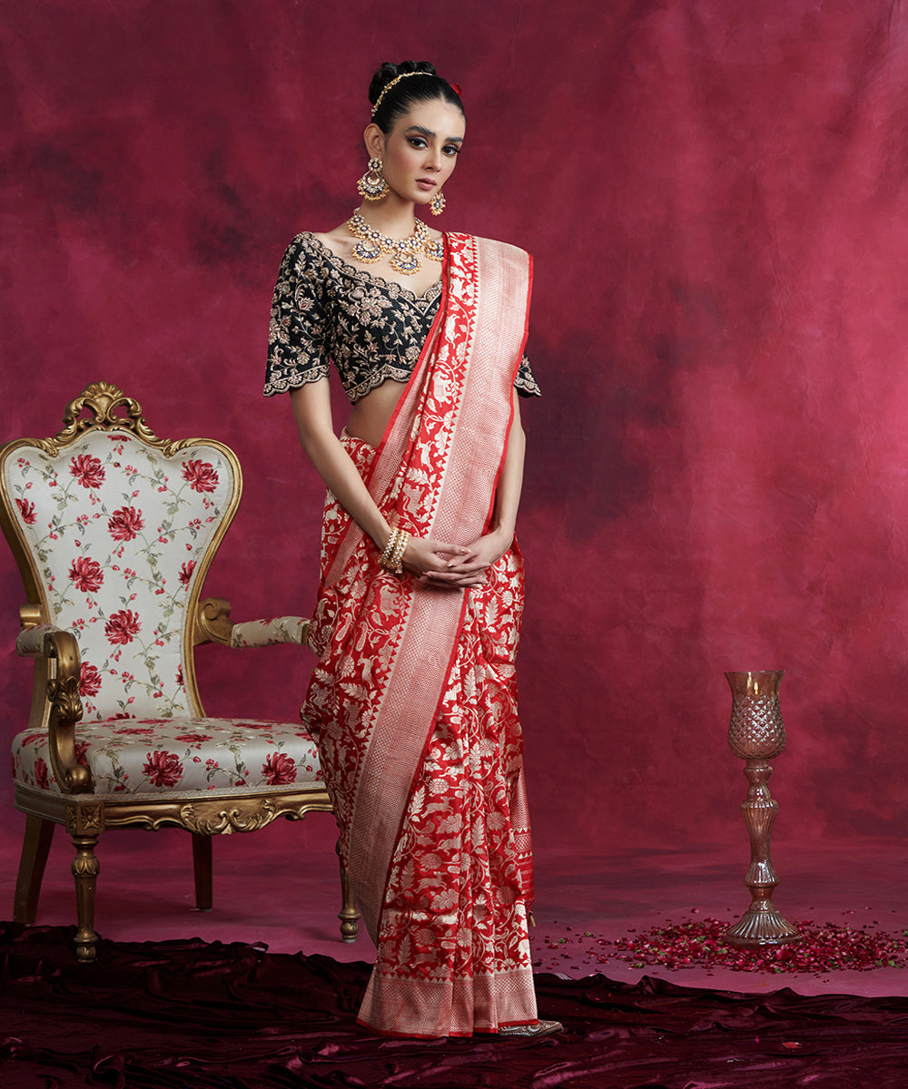 Red_Handloom_Pure_Katan_Silk_Banarasi_Shikargah_Saree_With_Cutwork_Weave_WeaverStory_02