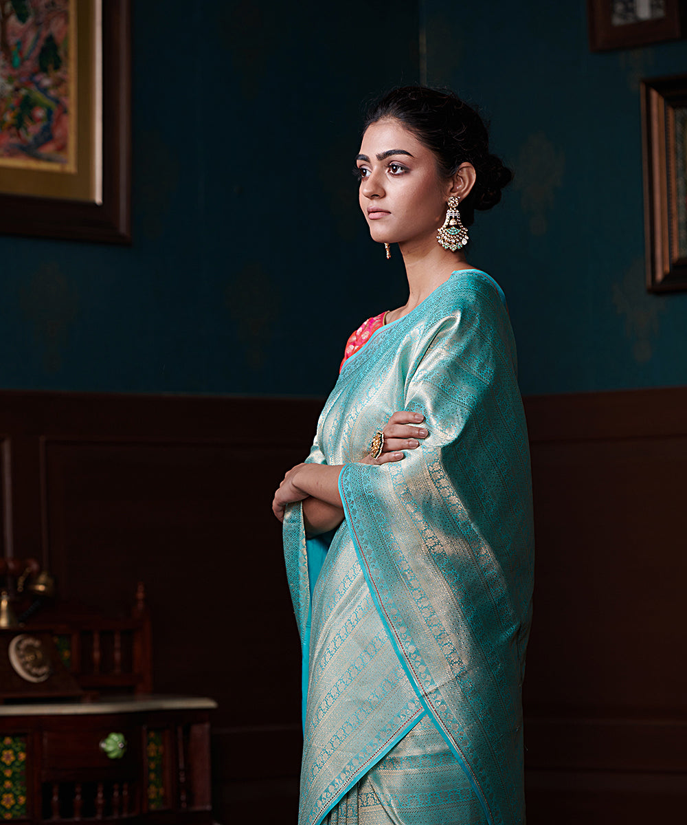 Handloom_Sky_Blue_Pure_Katan_Silk_Banarasi_Brocade_Saree_With_Pink_Blouse_WeaverStory_01