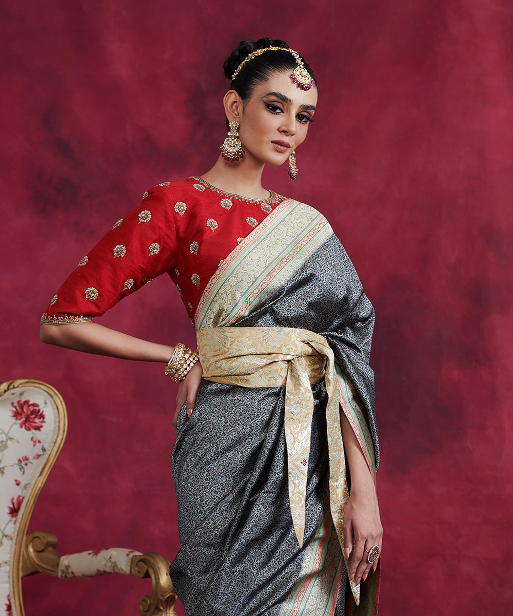Black_And_Grey_Handloom_Reshmi_Tanchoi_Banarasi_Saree_With_Zari_Meenakari_Border_WeaverStory_01