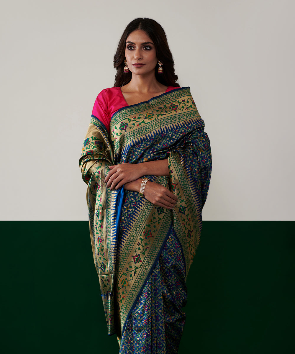 Handloom_Blue_Double_Warp_Pure_Katan_Silk_Banarasi_Patola_Saree_With_Paithani_Border_WeaverStory_01
